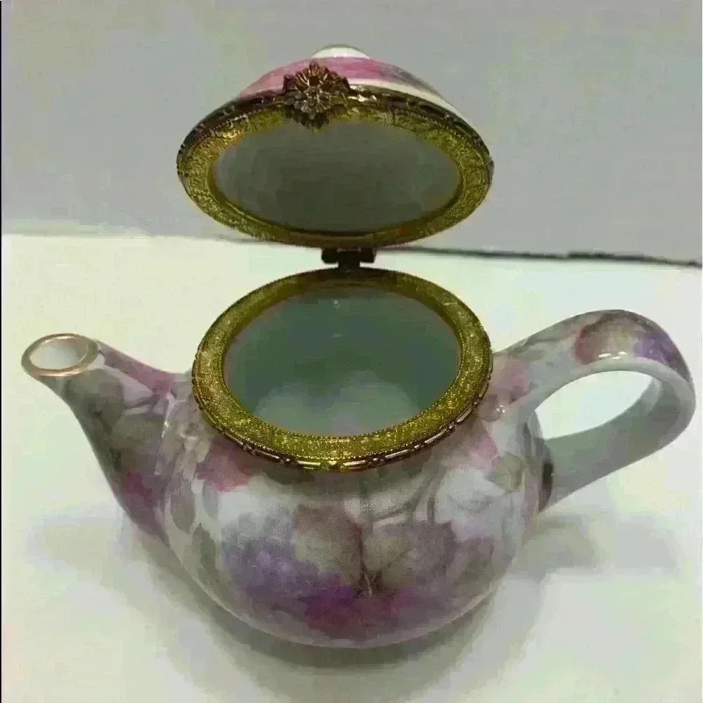 Formalities By Baum Bros Teapot Trinket Box Chintz Purple Flowers
